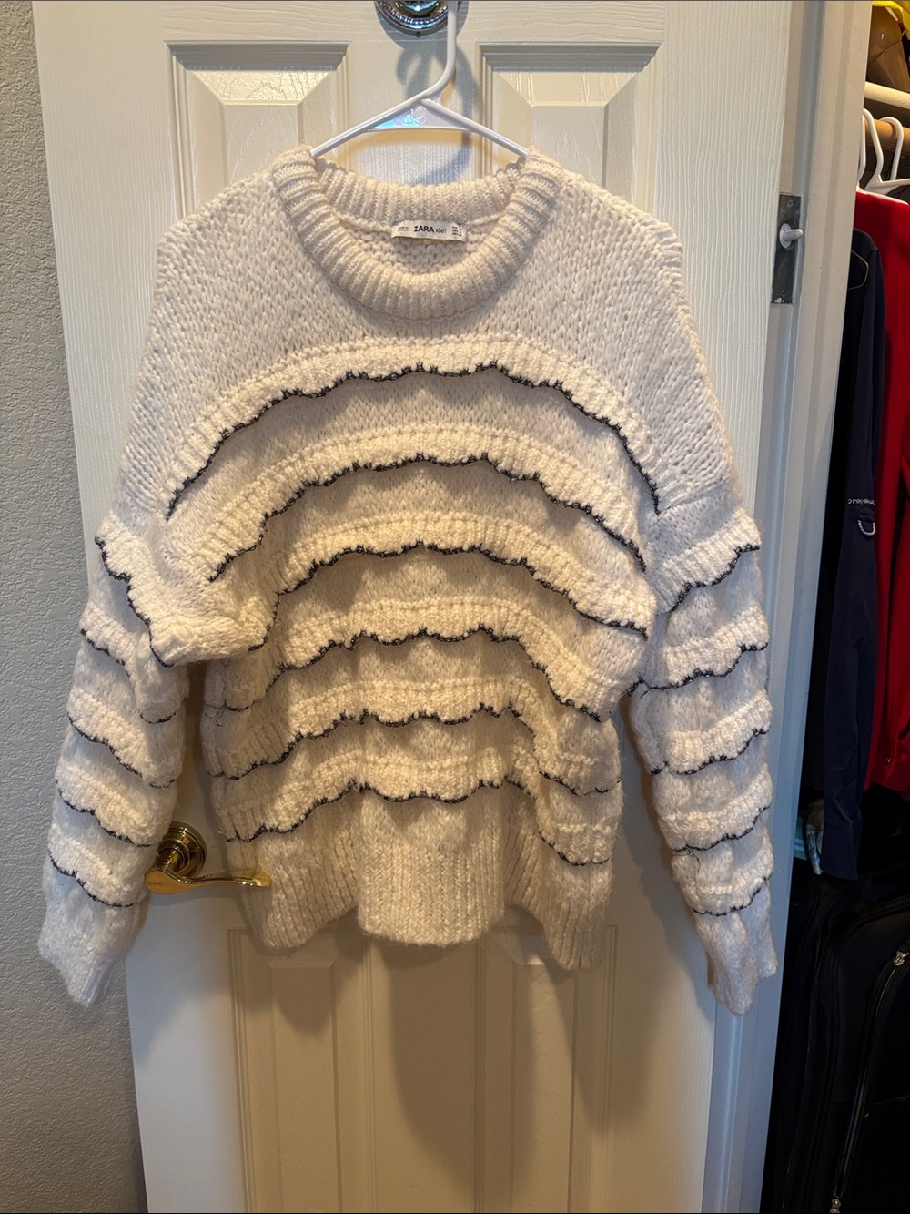 Zara Chunky Knit Ruffle Sweater Ivory White Black Metallic Trim Size Small